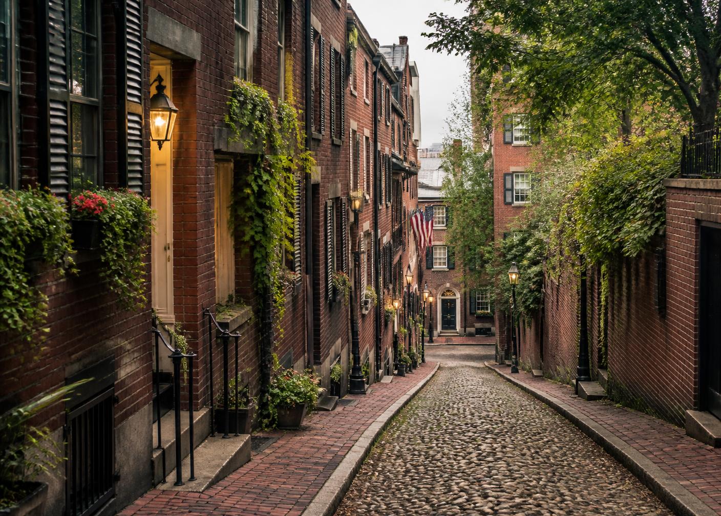 Cobblestone Beacon Hill street lined with brick rowhouses and gas lamps