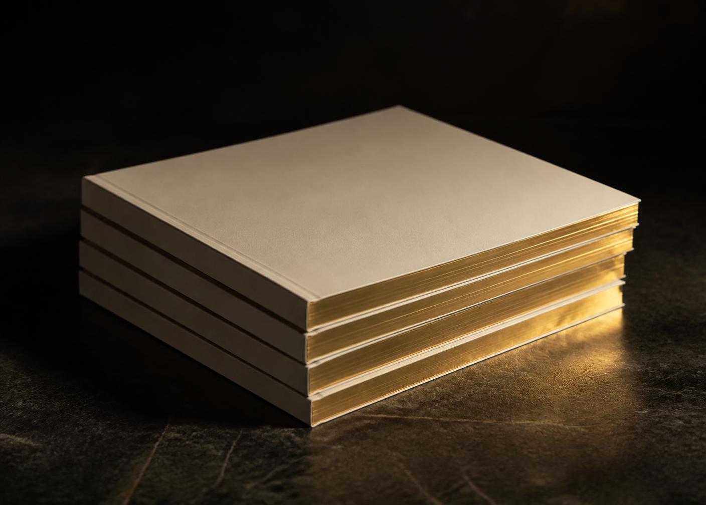 A stack of premium printed guides with gilded edges under warm light